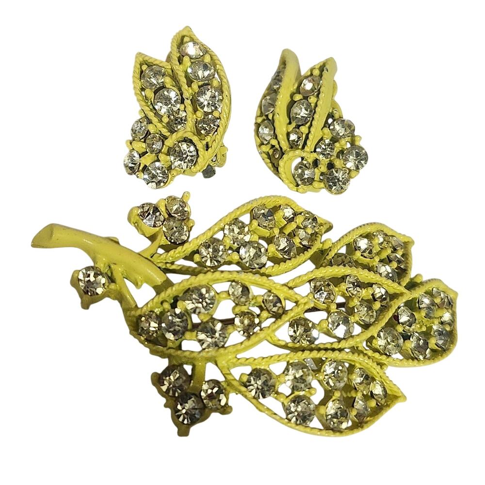 Vtg 1960s Mod Yellow Rhinestone Rope Filigree Leaf Brooch Earrings Parure Set